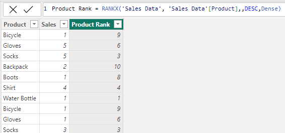 Product Rank calculated column